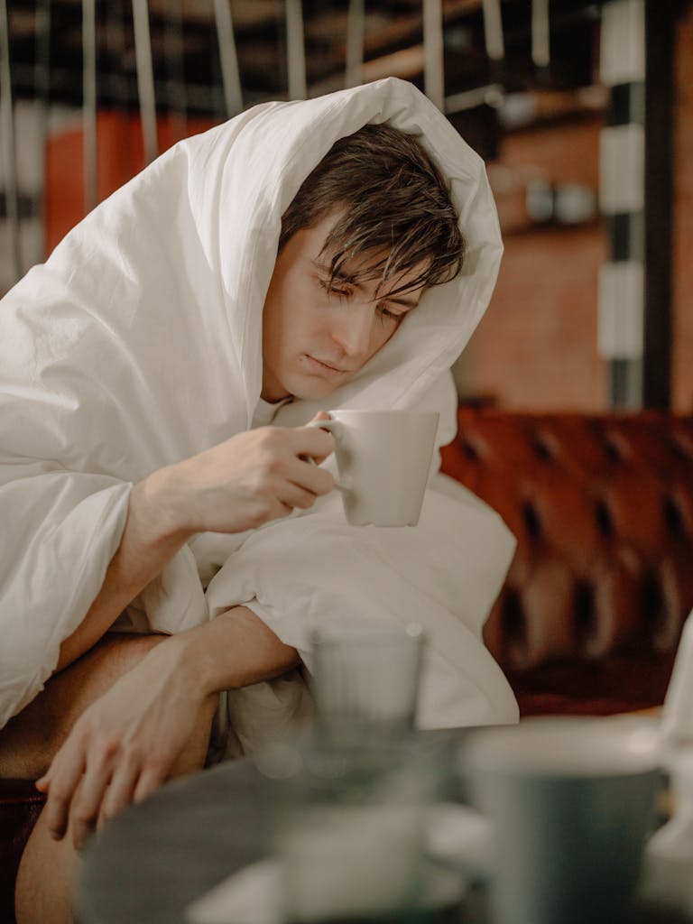 A young man wrapped in a blanket, sitting indoors, sipping from a mug.