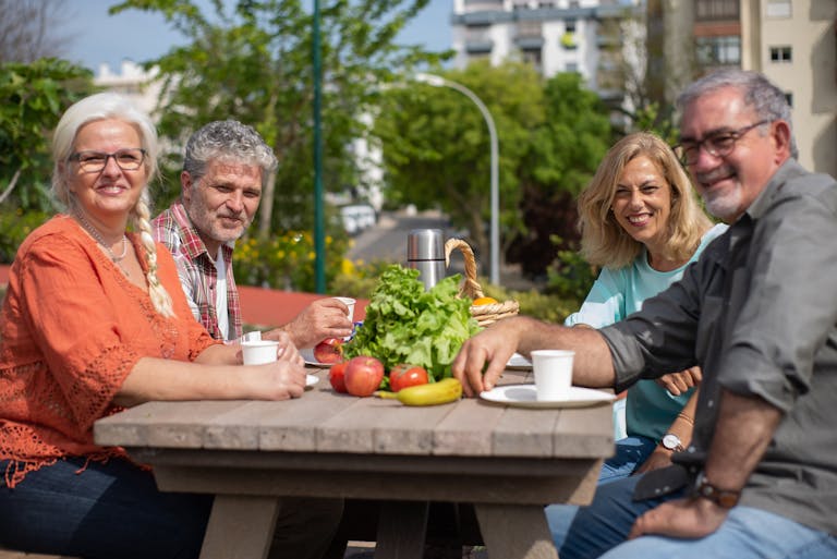 A group of seniors enjoying a sunny outdoor picnic in Portugal, socializing and smiling.